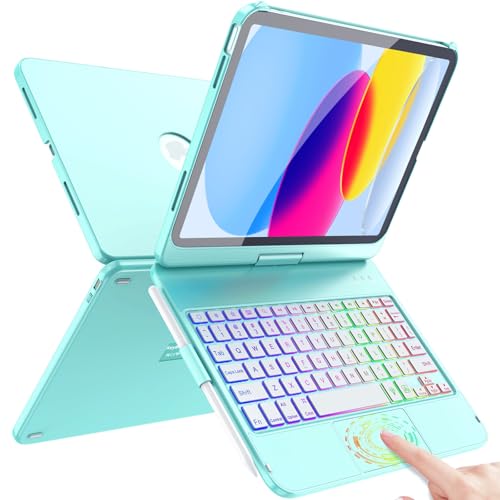 FUWANG Touch Keyboard Case for iPad A16 11/10th Gen, 360° Rotate, Lake Blue