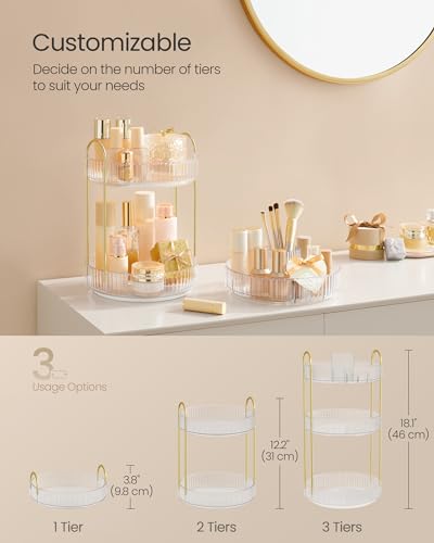 Image of SONGMICS Makeup Organizer, 3-Tier Countertop, Customizable | Customizable skincare organizer countertop, round rotating, toiletries vanity organizer, lazy Susan, gift UJKA011W02