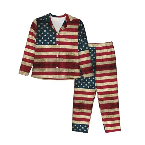 XTYGETY Conjunto de pijama de manga larga con estampado de bandera americana para mujer, conjunto de pijama de 2 piezas acogedoras, Negro, M
