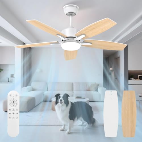 Mefine Silencieux Ventilateur Plafond avec Lumiere et Telecommande, 106cm Dimmable Lampe Ventilateur Plafond LED avec 5 Pales Doubles, Bois Clair/Blanc pour...
