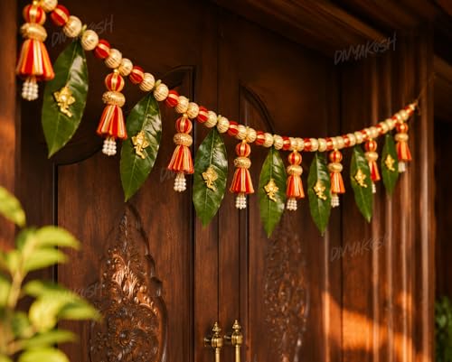 Image of Divyakosh Handmade Door Toran for Main Entrance Door| 38 Inch Indian Festive Bandarwal with Mango Leaves, Golden Ganesha, Pearl Tassels & Red Gold Beads | Decorative Hanging for Diwali, Wedding