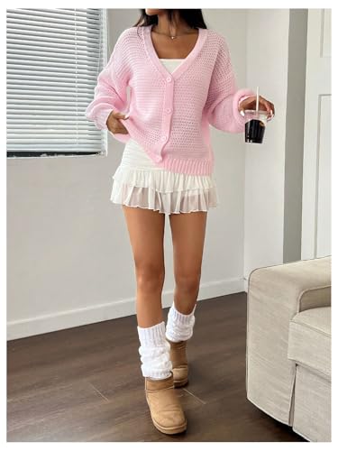 Image of BEAUDRM Women's Button Front Cardigans Drop Shoulder Hollow Out V Neck Long Sleeve Knitted Sweaters Pink Small