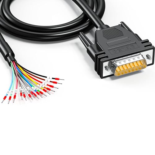 JUXINICE DB15 Male Connector to Bare Wire 10-Foot 24AWG, DB15 Extension Cable All 15 Wires Equipped with Cable Marker Terminal Blocks D-SUB 15 Pin Cable to Bare Wire