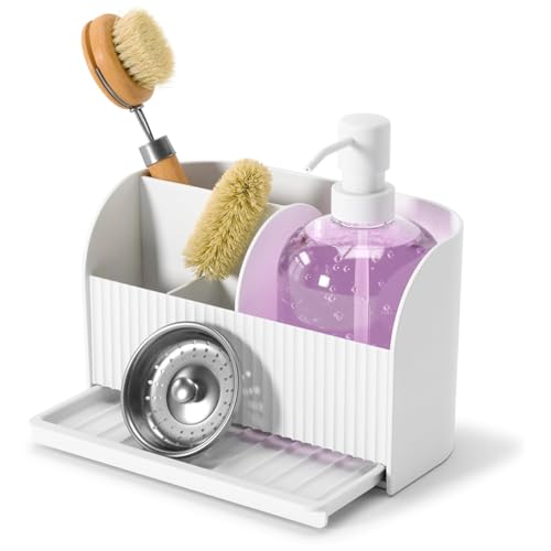 Wintem Organizer für Spülbecken, weiß, mit Seifenspender, 500 ml, ideal für die ordentliche Aufbewahrung von Utensilien und Spülschwamm, praktische Wasserauffangschale, 17 x 20 x 18 cm