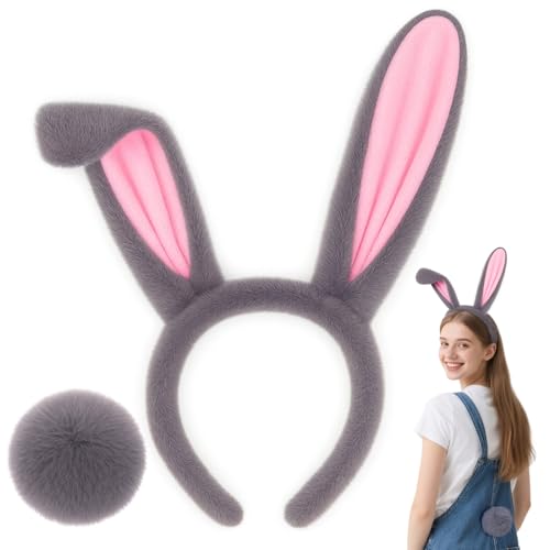 Shintop Bunny Ears Headband and Tail Set, Grey Rabbit Ears