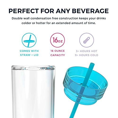 Maars Drinkware Double Wall Insulated Skinny Acrylic Tumblers With Straw And Lid, 16 Oz. (4 Pack, Royal) #TOP2