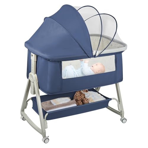Belfoyer Cuna Colecho Bebé con Colchón y Mosquitera, Altura Ajustable, Cuna Plegable con Ruedas y Función Mecedora, de 0 a 36 Meses（50 * 91 * 68-81cm,Azul）