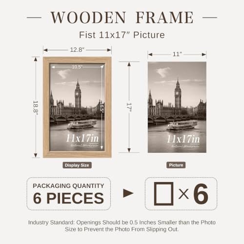 Image of VCK 11x17 Picture Frames Natural Oak - Wide Border Wood Poster Frame, Multi-Directional Display Family Photos, Office Prints, Studio /Gallery Artwork, Woodgrain Series, Wall Hanging, Set of 6