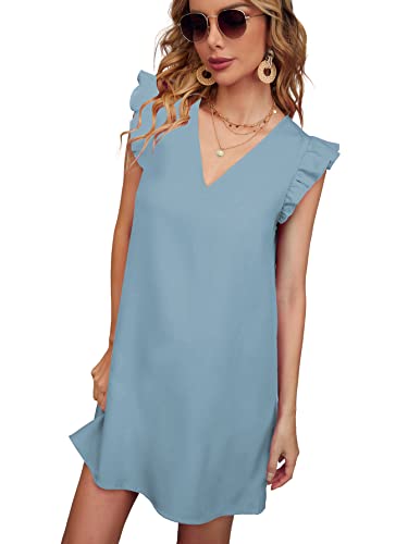 Image of Floerns Women's Solid V Neck Ruffle Trim Cap Sleeve Summer Tunic Dress