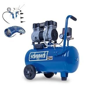 Scheppach Ultra Silent Kompressor HC26Si | 24L - 1100W | 8bar | 66 dB(A) leise | ölfrei & wartungsarm | Ansaugleistung 230L/min | Leisekompressor Doppelzylinder Flüsterkompressor | mit 14-tlg Zubehör