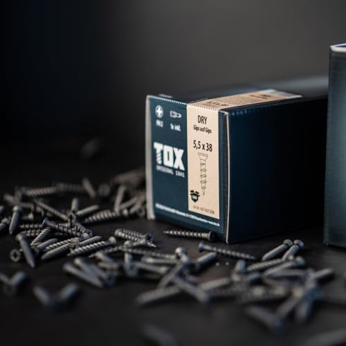 TOX Gips-auf-Gips-Schrauben DRY G 5,5 x 38 mm, Schrauben schwarz phosphatiert mit Trompetenkopf + Grobgewinde, sicheres Verbinden von 2 Gipskartonplatten, PH2, 500 Stück, inkl. 1x Bit, 142743215538