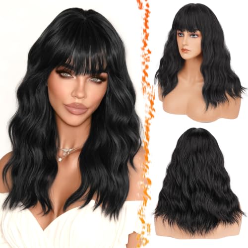 BARSDAR Wavy Black Wig with Bangs 18 Inch Natural Looking Soft Synthetic