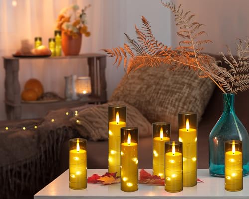 Image of Enido Flameless LED Candles with Remote & Timer, Battery Operated Acrylic Pillar Set, 10 Pc Flickering Electric Lights with Embedded Star String for Cozy Home & Holiday Romantic Decor (Matte Grey)