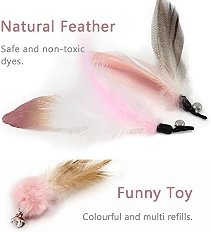 SONGWAY Cat Feather Stick Toy - 7 PCS Cat Feather Toys, 1 Cat Teaser Wand with 6 Feather Refills with Bell, Interactive Cat Toy Wand for Indoor Cat and Kitten, Pink