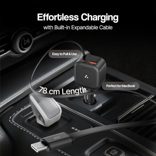 Image of Ambrane 96W Car Charger with InBuilt Retractable Cable, 3-in-1 Car Charger, 33W Type C PD, 30W USB For iPhone, Macbook Air, Android, Earbuds, Other Devices, PD & PPS Fast Charging (Charge CR96, Black)
