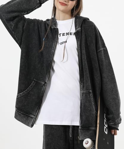 Oversized Vintage Cotton Jacket Acid Wash Grunge Basic Zip Up Hoodie For Women Distressed Baggy Long Sleeve Tops2