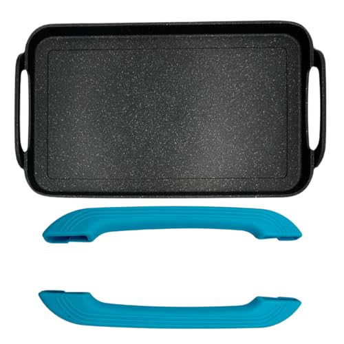 Neware Plancha doble de mármol antiadherente para todas las estufas, parrilla superior antiadherente de 21 x 12 pulgadas, inducción de aluminio fundido 4198 (4198-asas de jade)