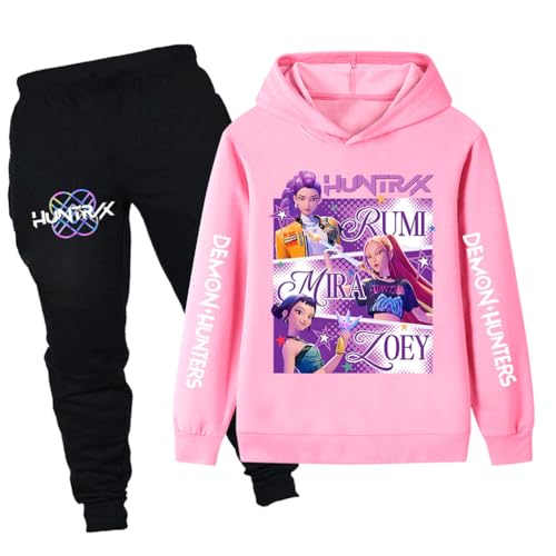 Moollyfox Huntrix - Conjunto de chándal para niños, sudadera con capucha y pantalones de chándal, para niños, niñas, adolescentes, deportes, casual, regalo, Rosa 1#, 120