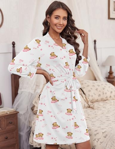 Image of Ekouaer Women's Robes Lightweight 3 /4 Sleeve Short Knit Bathrobe Soft Knee Length Sleepwear Robes with Pockets S-XXL