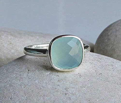 Stackable Blue Chalcedony Square Silver Ring Size 8