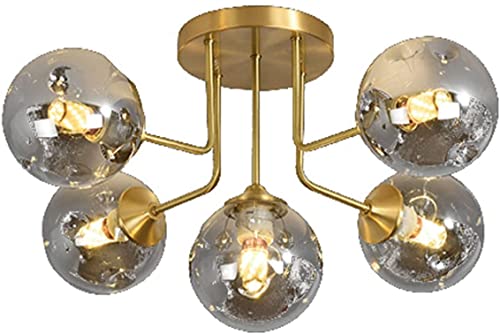 Lustre vintage doré 5 globes verre pour suspension cage escalier