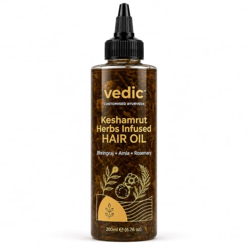 Image of Vedic Keshamrut Herbal Hair Oil with Bhringraj, Amla & Rosemary | Scalp & Hair Nourishing Oil for Regular Oiling & Conditioning | Men & Women | 200 ml