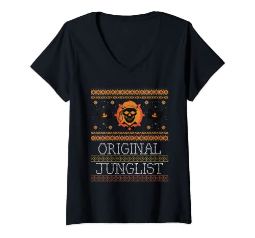 Mujer DnB Christmas Junglist Music Rave Skull Drum and Bass Camiseta Cuello V