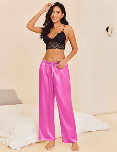 Image of Ekouaer Womens Silk Satin Pajama Lounge Pants Sleep Pj Bottoms with Pockets | Silky,Loose Wide Leg,Drawstring Elastic Waist,Casual,Loose,Elegant