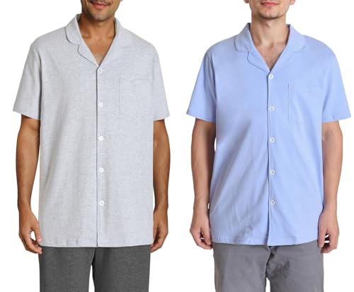 Esenchel Men's Cotton Knit Sleep Shirt Button Down Pajama Top 2 Pack XL LightGray LightBlue