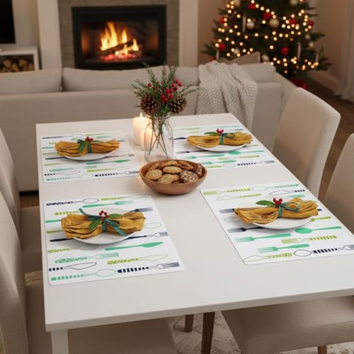 Image of YELONA Rectangular PVC Vinyl Non-Slip Insulation Heat-Resistant & Waterproof Stain Resistant Washable Placemat for Dining & Kitchen Table-(White & Green,Set of 4)