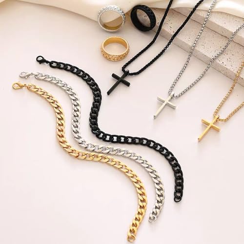 YOSKAEDI Herren Halskette Kette Silberkette Königskette 3-teiliges Set mit Armband & Ring, Edelstahl Schmuck für Männer, HipHop Style Geschenk für Vater & Freund(Gold)