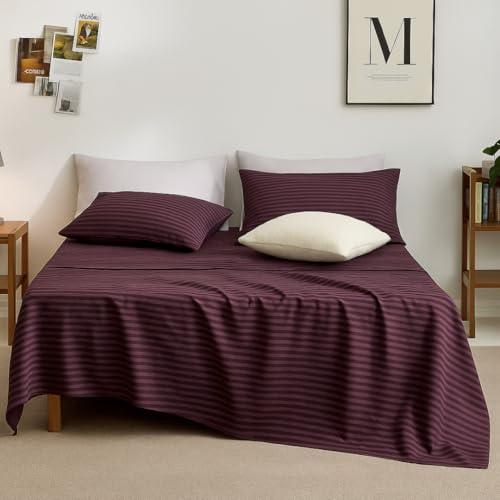 Image of Sofrito Bed Sheet Glace Cotton Striped - 300 TC - Super King (108 inchx108 inch) - with 2 Pillow Cover | Ideal for Hospitals, Clinics, Hostels, PGs, Hotels & Guest Houses |Wine