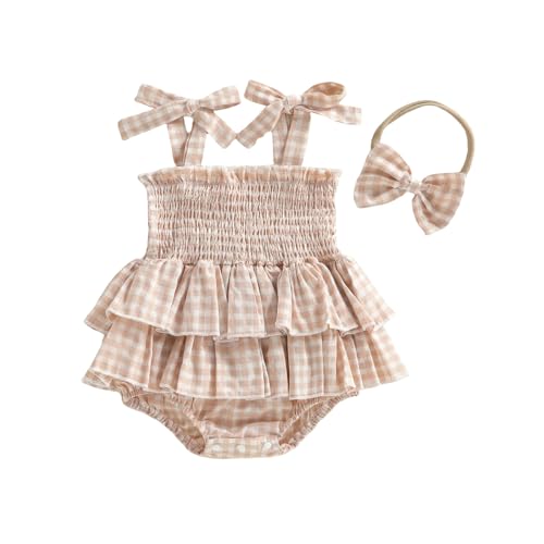Image of Afunbaby Baby Girl Newborn Summer Outfit Cute Ruffle Romper Dress One-piece Jumpsuit Sleeveless Plaid Solid Dress Clothes