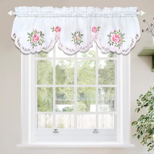 Molaxhome Beautiful Dazzling Embroidered Window Valance,Rod Pocket Valance and Tiers for Home Decor (Pink, W58x14L)