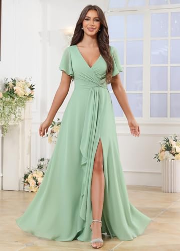 Ruffle V Neck Bridesmaid Dresses for Women Short Sleeve Chiffon Pleated Long Slit Formal Dress with Pockets2
