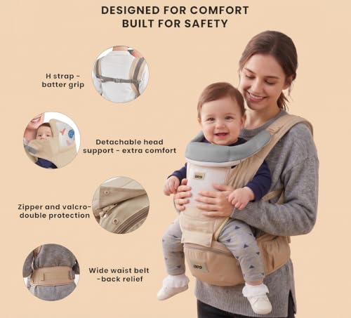 Image of GOLDEN BEE Baby Carrier with 4 Carry Positions, Adjustable Hip Seat Belt, Hip Seat Baby Carrier Bag 4 to 36 Months Baby, New-Born to Toddler Carrier, Ergonomic Baby Carry Bag up to 20kg (Beige)