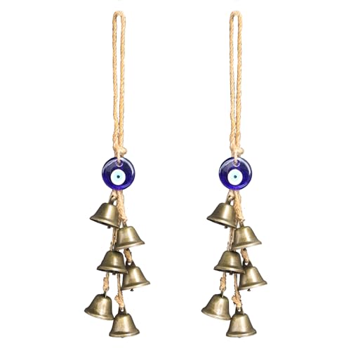 2 Pieces Witch Bells for Door Knob Protection Witchy Wicca Decor Clear Negative Energies with Blue Evil Eyes Witchcraft Supplies for Boho Home Room Decor (A)