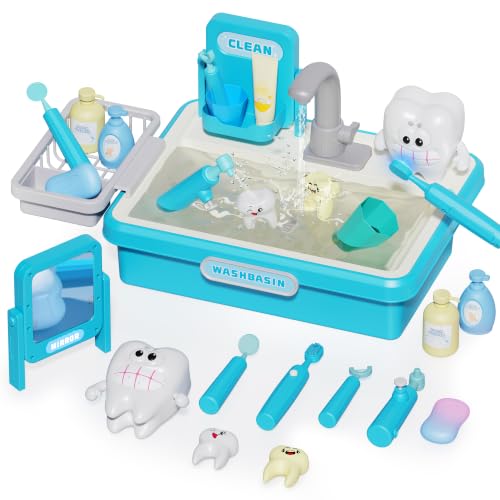 Color Changing Teeth Brushing Dentist Play Set, Kids Play Sink with Running Water, Electric Faucet,Wash Basin,Montessori Toys Simulated Teeth Cleaning, Pretend Play Toys for Boys Girls Toddlers (Blue)