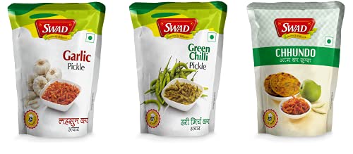 Image of SWAD Distinctly Different and Delicious Pack of Garlic Pickle /Lahsun Achar - 200g| Green Chilli Pickle /Hari Mirchi Achar - 200g| Mango Chhundo Pickle /Aam Chhunda, 200g Pack of 3
