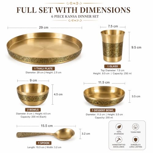 Image of Kansa Bronze Thali Set Matte Etching Design Dinner Set with Plate Glass 2 Bowls Dessert Bowl Spoon Ayurvedic Traditional Indian Serveware Handmade Gift Set for Home Dining Festival Use