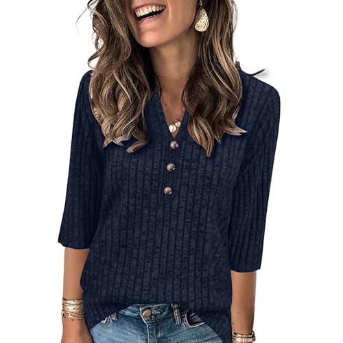 3/4 Sleeve Sweaters for Women Button V Neck 2025 Fall Outfits Casual Loose Lightweight Knit Pullover Top4