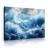 クラッシュウェーブランドスケープキャンバスウォールアートリビングルーム廊下キッチンオフィスバスルームブルーとホワイトモダンアートウォールデコレーション40x56cmインナーフレーム