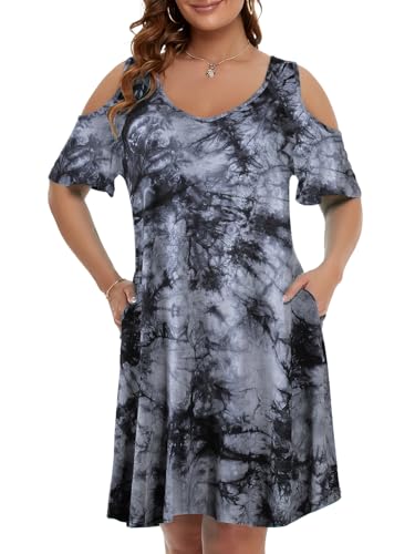 Image of JollieLovin Womens Plus Size Short Sleeve Cold Shoulder V Neck T-Shirt Dress with Pockets