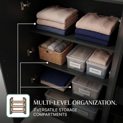 Image of FFO Kavisto 4 Door Wooden Wardrobe for Bedroom, Large Clothes Storage Cabinet with Hanging Space, Shelves, Drawer & Lock, Modern Wood Finish Almirah for Home, Bedroom & Living Room Black DIY.