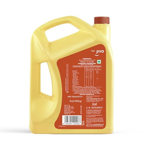 Image of Jivo Rice Bran Oil 5 Litre | Premium Cooking Oil | Rich in Antioxidants | Ideal for Deep Frying, Sauteing & Baking | Chemical-Free