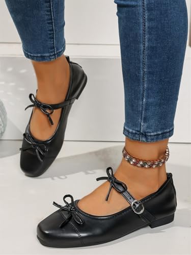 Women's Ballet Flats with Strap – Mary Jane Flats for Women Comfortable Dressy Silver Shoes, Vintage Square Toe Slip On Flats 7