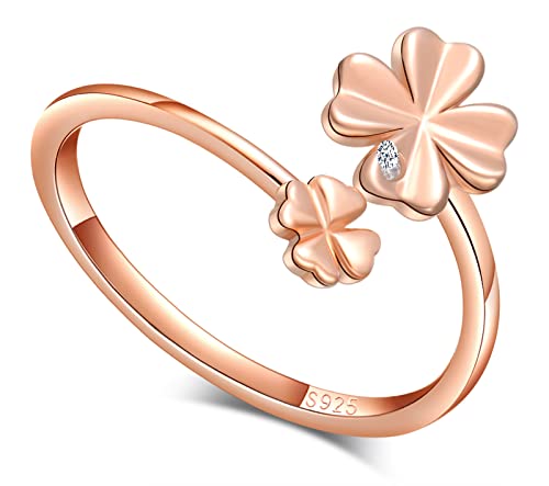 MICGIGI Damen 925er Sterling Silber Offener Ring Vierblättriges Kleeblatt Verstellbarer Ring Roségold Cover