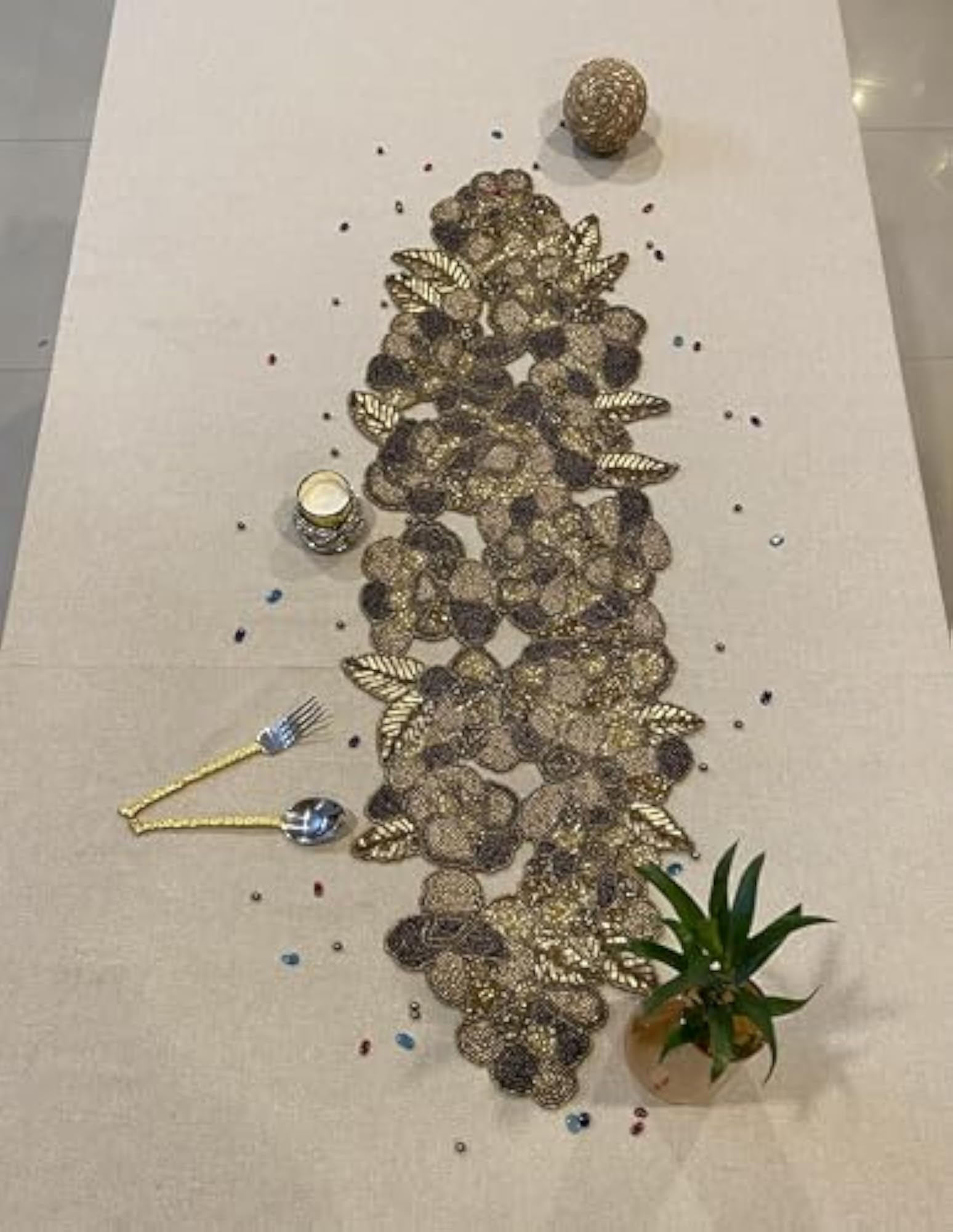 Special Foliage Shaped Hand Beaded Table Runner