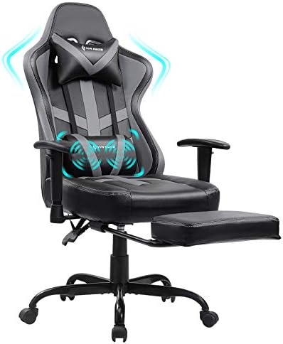 Gaming Chair Massage with Footrest Grey Ergonomic Reclining Video Game Chair Recliner PC Computer Chair with Headrest & Lumbar Support for Adult VON RACER