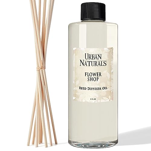 Urban Naturals Reed Diffuser Oil Refill Flower Shop with Violets, Daisies, Green Stems, Hyacinth, Rose 8 oz + Free Reed Sticks, Made in The USA